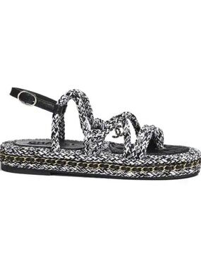 Chanel Black White Braided Rope CC Charm Chain Trim Flat Sandals size 41
